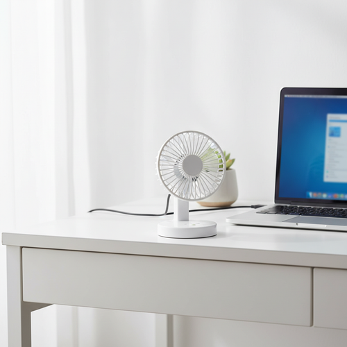 Mini USB desk fan on a modern desk