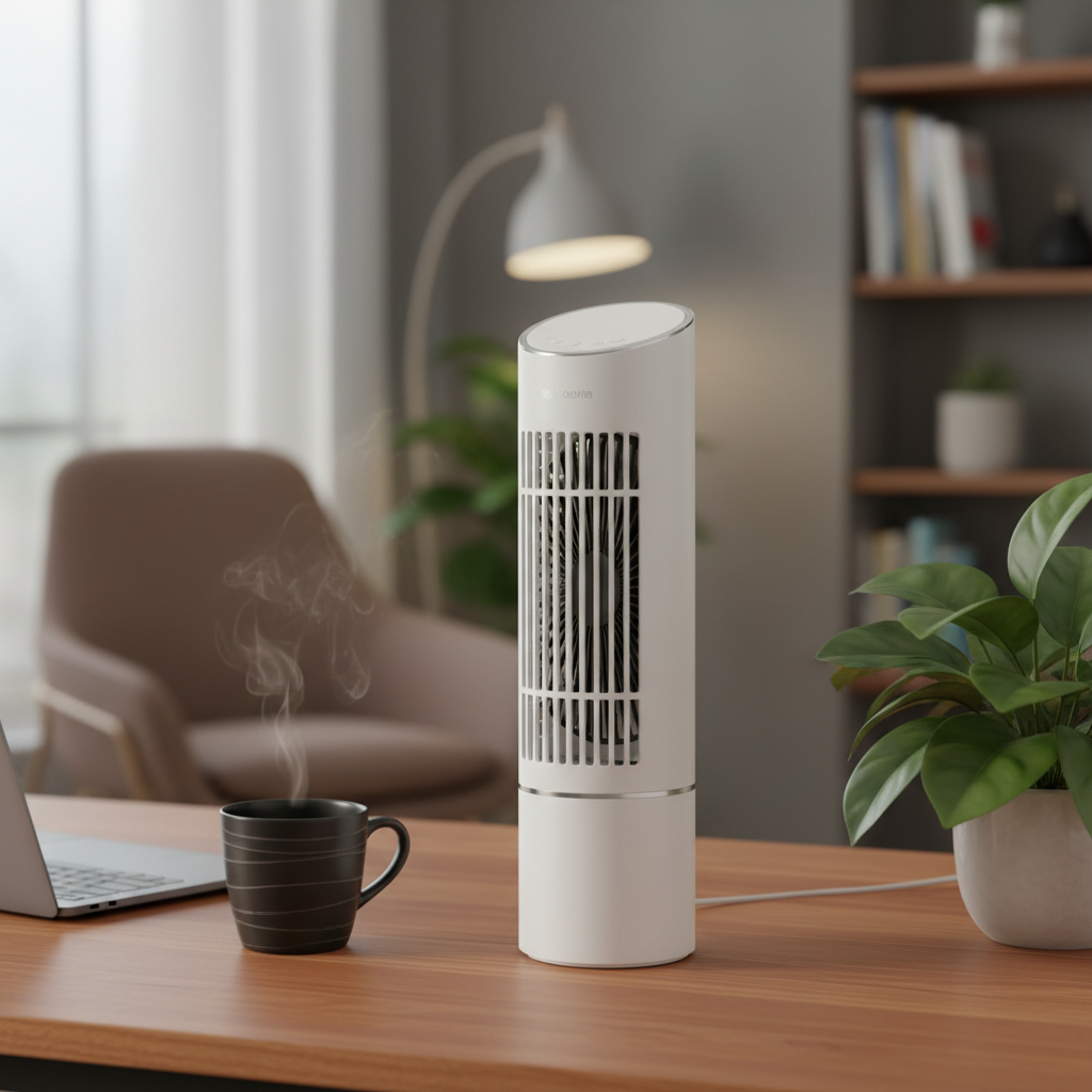 Portable mini tower fan on a desk in a home office
